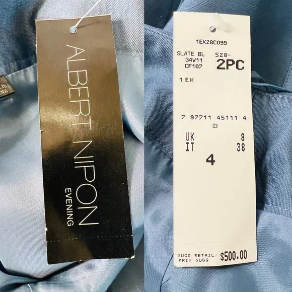 Albert Nipon Evening 2 Piece Skirt Silk Suit NWT Rt $500 Blue Size 4